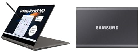 Samsung Galaxy Book3 360 Laptop & Portable SSD T7, 1 TB, USB 3.2 Gen.2, 1.050 MB/s Lesen, 1.000 MB/s Schreiben, Externe SSD Festplatte für Mac, PC, Smartphone und Spielkonsole, Grau, MU-PC1T0T/WW