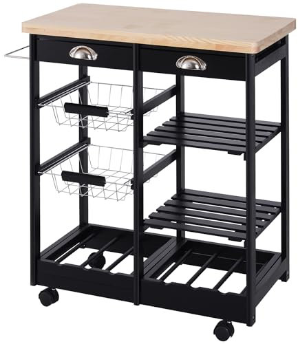 HOMCOM Chariot de service desserte de cuisine avec roues, plateau en bois de pin massif 74L x 37 x 76H cm, structure en MDF noir