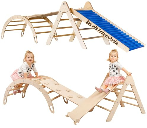WoodsCraft 4in1 Set: Rollenrutsche, Kletterdreieck, Kletterbogen & Rampe | holz Montessori Klettergerüst indoor, Babyrutsche, Klettern Baby & Kinder