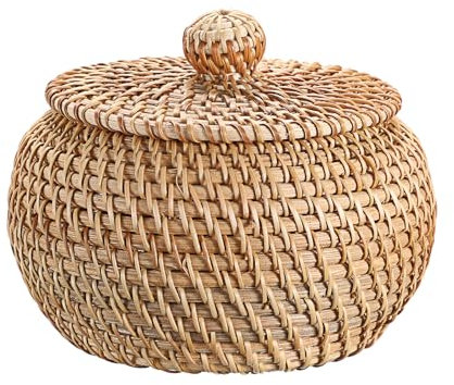 IGNPION Rattan-Aufbewahrungskorb mit Deckel, Mehrzweck-Aufbewahrungskörbe für Regal und Schreibtisch, gewebter Picknick-Obstkorb, Eierhalter, Schüssel (XS)