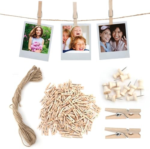 Mini Pegs, 150pcs Wooden Photo Clips for Card Hangers, Small Pegs and 10M Jute String for Picture Hanging, Wall Display, Craft, Weddings, Party