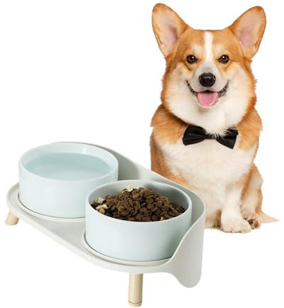 Hundenapf Set Erhöht Hunde Napfset - Doppelnapf Keramik mit Spritzschutz Ständer - Hundenäpfe Bunte für Futter und Wasser - Futterstation für Kleine und Mittelgroße Hunde - 2 x 800 ml - Blau