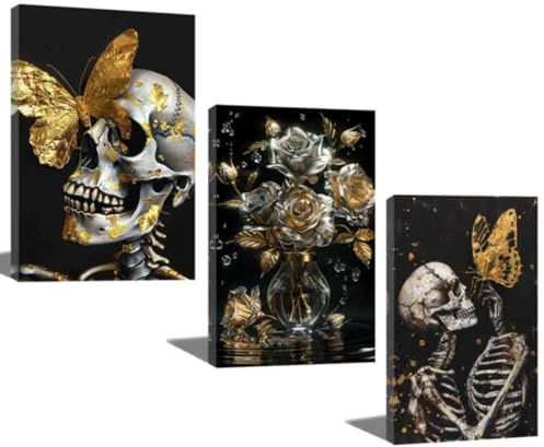 ZQQART Gold Totenkopf Leinwanddruck Wandbild 3 teilig Schwarz Gold Rosa Totenkopf Schmetterling Blumenbild Abstraktes Gothic Thema Halloween Wanddeko (Gold,40x60cmx3)
