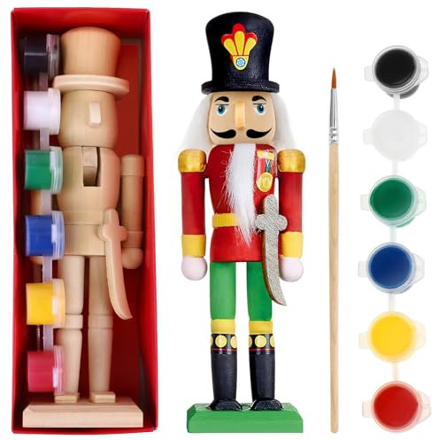 FOMIYES Wooden Nutcracker Figures, 1 Set Christmas Nutcracker Unpainted Wooden Peg People Doll Figure Ornaments for Xmas Party DIY Painting Craft Christmas Decoration (with Paint Brush)