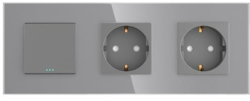 PULSAR Taster - Lichtschalter mit 2 Steckdosen Unterputz Grau Glas Schalter/Doppelsteckdose 3 Fach Taste Schalter/Steckdose x 2 Kombination