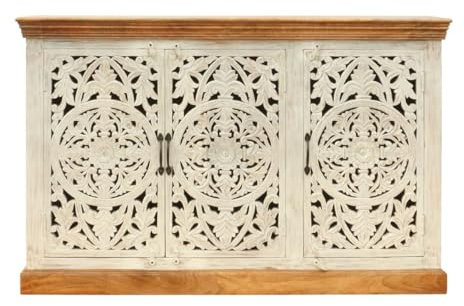 Sideboard Jeevan indische Kommode aus Mangoholz mit floral Schnitzerei Oriental Schlafzimmer Braun Weiß 140 cm