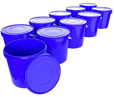 10 Eimer mit Deckel 10l Blau Rund | Kunststoff Eimer Lebensmittelecht, luftdicht und stabil | Leer Eimer mit Griff und Deckel für Lebensmittel Chemie Waschpulver Klebstoffe geeignet