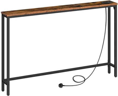 HOOBRO Console Table with Charging Station, 120 cm Slim Console Table for Hallway, Behind Sofa Table, for Entryway, Living Room, Small Spaces, Metal Frame, Rustic Brown and Black EBF15KXG01G1