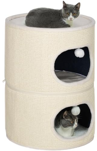 Pawhut Tour pour Chat modulable tonneau griffoir Chat avec Fermeture éclair séparable 3 Niveaux, Tapis de grattage en sisal, Deux balles, Grotte pour cachette, Hauteur 69 cm, Blanc crème