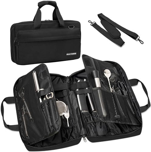 IPEB Portacoltelli da cuoco, tasca per coltelli, 16 scomparti, borsa portatile, coltello da cuoco grande, coltello professionale con manico e tracolla, 40 x 25 x 6 cm, nero, Nero , Borsa per coltelli