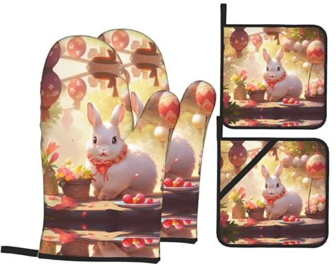 Divertente set di 4 guanti da forno e presine a forma di coniglio pasquale, decorazione per la casa, decorazione per la cucina, regalo di Natale
