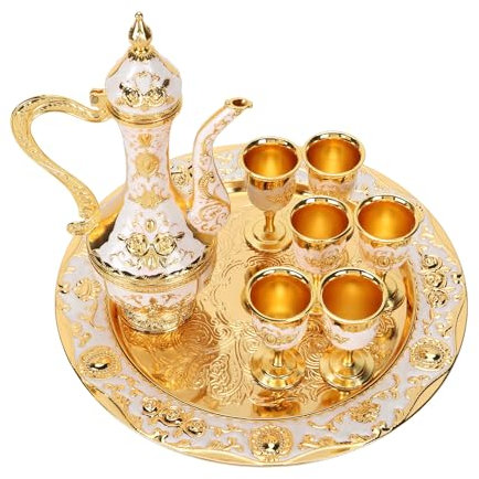 Vintage Turkish Coffee Pot Set for 6 Including Tray and Teapot, Zinc Alloy Elegant Turkish Tea Set for Home Party Banquet Wedding, Tea Service Set(4#) (Gold White)