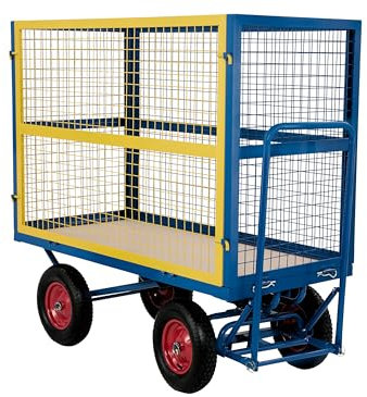 Turntable Trolley, Heavy Duty 1000kg Weight Capacity Blue Steel Site Platform Hand Truck Cart on Pneumatic Wheels with Ergonomic Handle (Mesh Cage)