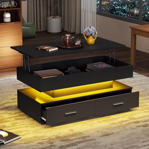 Merax LED Lift up Coffee Table, Modern Coffee Table with Storage, Stylish Coffee Tables for Living Room with Large Hidden Storage and 2 Drawers, Hydraulic Lift Top, Black, 100x50x44cm