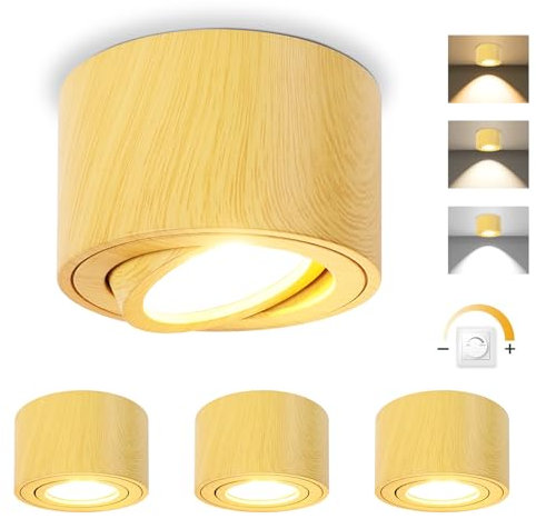 GeyouLux LED Aufbauspots Dimmbar - Extra Flach & 30° Schwenkbar Ø80x50mm Deckenspots Holz - inkl. 5W 500LM LED Modul 230V - 3000K/4000K/6500K Aufbauleuchte Aufputz Spots Aufbaustrahler Rund 4 Stück