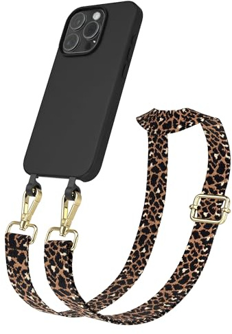 EAZY CASE - Hülle mit Band kompatibel mit iPhone 15 Pro Handyhülle für Schutzhülle Silikonhülle mit Mikrofaser Fallschutz Handykette zum Umhängen 2in1 Hülle Handykordel Leo - Schwarz Braun Metall Gold