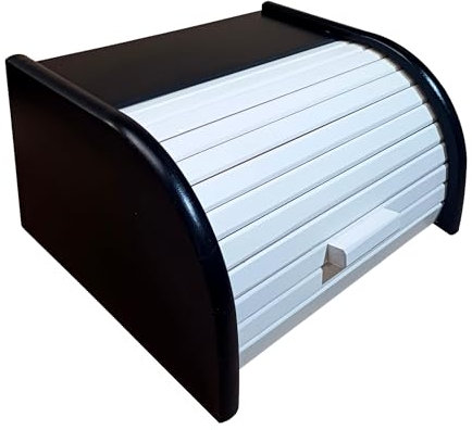 Wooden World Wooden bread box – a container for bread with roll-top opening mechanism. - Large black and white bread bin