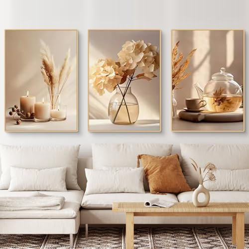 Uixxducc 3-teiliges Boho Bilder Set Moderne Beige Blume Poster Aesthetic Wandbilder Wohnzimmer Schlafzimmer Deko, Ohne Rahmen (50x70cm,G)