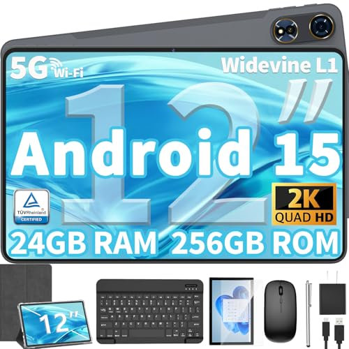 12 Inch Tablet Android 15 Tablets, 2025 Upgraded Android Tablet with Keyboard, 24GB RAM+128GB ROM(1TB Expand), Octa-Core, 2K 2000x1200 Display, 16MP Dual Camera, 8000mAh, 2.4G/5G WiFi, GPS (Silver）