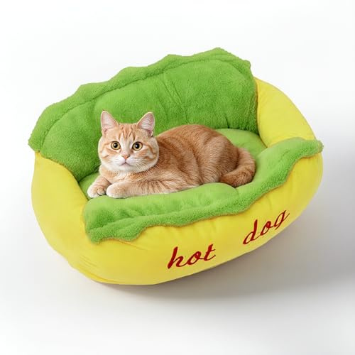 VIEFIN Niedliche Katzenbetten für Hauskatzen, weiche kleine Hundebetten, waschbare Haustierbetten für Welpen und Kätzchen, lustige Hot-Dog-Katzenbetten, 55,9 x 45,7 cm