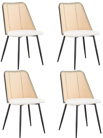 JZGORC Juego de 4 Sillas de Comedor Modernas, Respaldo Tejido de Ratán, Asiento de Felpa Granulada, Estructura de Metal Negro, se Puede Usar como Silla de Cocina, Silla de Sala de Estar