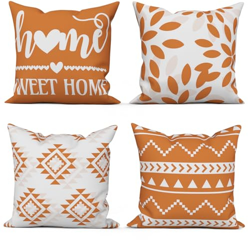 ASDCXZ Orange Kissenbezug 45x45 cm 4er Set, Modern Orange Weiß Geometrie Quadratisch Sofa Dekokissen Kissenbezüge Kissenhülle Waschbar Polyester Flachs Textil Outdoor Kopfkissenbezug Kissen Bezug