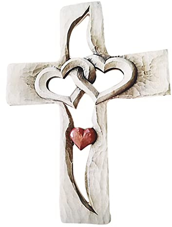 Yosoo Health Gear Handgefertigtes Holzkreuz mit Verschlungenen Herzen, Rotes Wanddekoration für Wohnzimmer, Schlafzimmer, Büro, Hochzeitsgeschenk