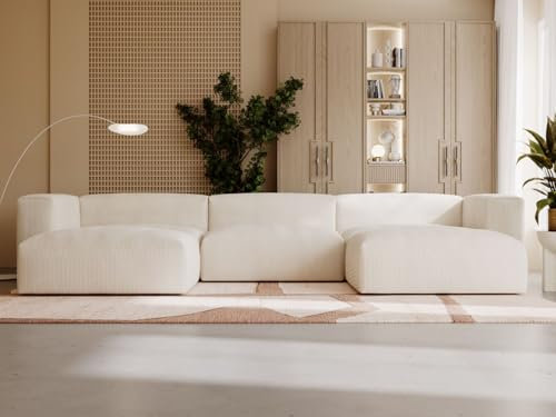 GRAINGOLD Landi Ecksofa mit Schlaffunktion & Bettkasten 340x180 cm, U-Form Sofa mit Stauraum, Schlafcouch für Wohnzimmer, Cord Stoff, 5-Sitzer Wohnlandschaft, Modernes Design (Beige)