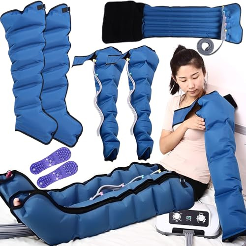Miuxe Botas Presoterapia para Casa Piernas y Abdomen Brazos, 6 Cámaras | Drenaje Linfatico Piernas Cansadas, 30 a 240 mmHg, Temporizador 30 Min, Completa Azul Con 2 Piernas, 1 Abdomen y 2 Brazos, M