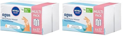 NIVEA Baby AQUA Feuchttücher, Baby Feuchttücher zur sanften Reinigung empfindlicher Haut, hypoallergene und parfümfreie Feuchttücher für Babys mit 99% Wasser (4 x 57 Stück) (Packung mit 2)