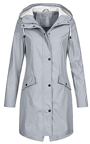 Flodxo Grey Raincoat Women Waterproof Lightweight Long Rain Jackets with Hood Outdoor Plus Size Trench Coats Windproof Sun Protection Full Zip Hoodies Camping Hiking Mountain Rain Jackets L