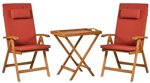 Beliani Rustic Garden Bistro Set Acacia Wood Table 2 Chairs Folding Red Cushions Java Premium
