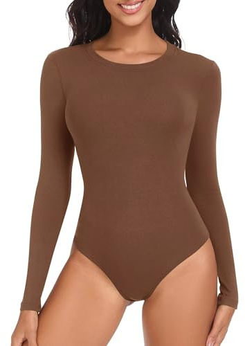 TNNZEET Body Damen Langarm Bodysuit Elegant Sexy Rundhals Für Outfit | Oberteil Tops Bodyshirt Basic Langarmshirt Sportbody Yoga Freizeit Casual Stretch Winter Warm Overall