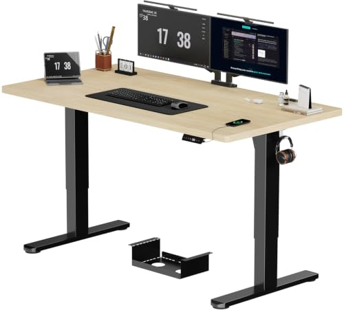 JUMMICO Höhenverstellbarer Schreibtisch 160x80cm 3-Speicher & USB-Anschluss | 72-118cm Hub Stabiler Elektrischer Schreibtisch mit 2 Haken & Kabelmanagementbox, Standing Desk für Homeoffice, Beige&Schwarz