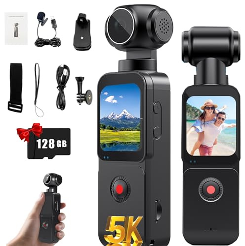 5K Vlogging Camera,Pocket Camera with 1.69 Touch Rotatable Screen,270° Rotatable Lens, External Microphone,128 GB TF Card