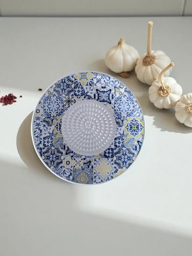 Rallador con cepillo para Ajo, frutos secos, tomate, queso de Porcelana con diseño hidráulico azul 12 cm, Estilo Mediterráneo, Multicolor
