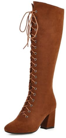 Eestfy Stivali Alti con Lacci in Camoscio Punta Quadrata Tacco Largo Zip Laterale Outfits Invernali Stile Quotidiano,Camel,39 EU