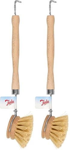 Tala Wooden dish brush with Natural Fibres, Long reach washing up brush ideal for Cleaning Kitchen Goods like glasses, plates, pots and pans, Has a replacable brush heads (Pack of 2)