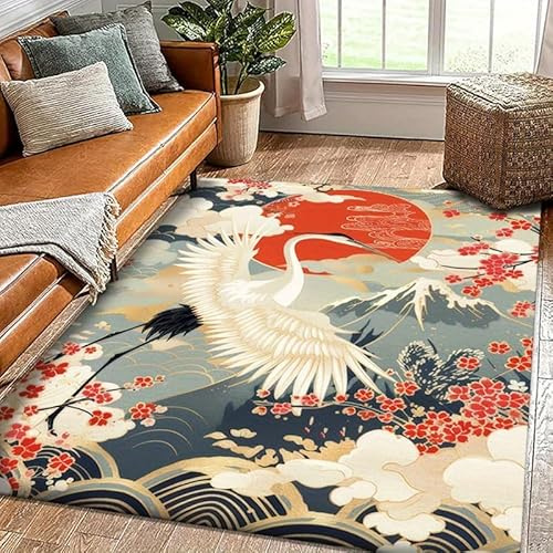 YEGRFJIS Japanischer Teppich mit Kranich- und Wolkenmuster, maschinenwaschbar, groß, Wellenmuster, dekorativ, rutschfest, niedriger Flor, Heimdekoration (100x150cm)