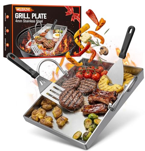 MQJIAZHI Plancha Grillplatte 40×30 cm, abnehmbarer Griff + 2 Spatel | 4 mm dick aus Edelstahl, hitzebeständig & verformungsfest, Plancha‑Grill‑Platte geeignet für Gasgrill, Holzkohlegrill & BBQ