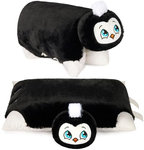 BRUBAKER Kuscheltier Kissen Pinguin - 2 in 1 Stofftier und Kuschelkissen | 40 x 30 cm Dekokissen - aufklappbares Kinder Plüschkissen mit Klettverschluss - Tierkissen Pinguinkissen - Schwarz