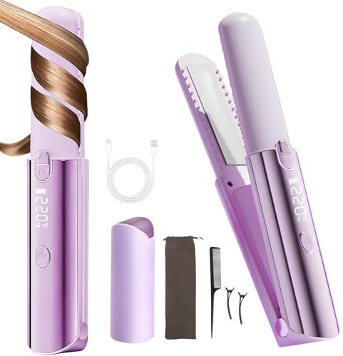 YFCJYBF 3-in-1 kabelloser Glätteisen und Lockenstab, Mini-Haarglätter mit max. 220 °C, tragbar mit 7 Temperaturstufen, USB-aufladbarer Reiseglätter für Locken und glattes Haar