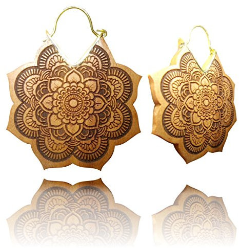 Ohrringe Mandala Blume Holz Brass Bügel golden Gravur braun dunkelbraun Schmuck | Ohrhänger Organic Tribal Ohrschmuck Damen Frauen Mädchen Holz Ohr Schmuck groß Handarbeit braun