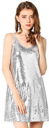 Allegra K Damen Glitzer Pailletten Kleid Spaghettiträger V-Ausschnitt Party Cocktail Sparkly Minikleid Clubwear, Silber, Groß
