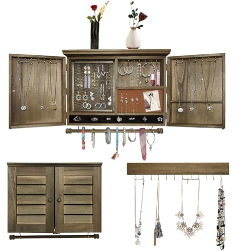 MULIFEE Rustikaler Schmuckhalter zur Wandmontage, Vintage-Holzbox zum Aufhängen mit Scheunentor-Dekor für Halsketten, Ohrringe, Armbänder, Ringe, Accessoires Inklusive Haken-Organizer (nass)