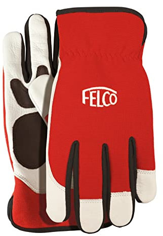 FELCO Arbeitshandschuhe mit Leder rot/weiß (Größe L, Innenhand + Finger mit Leder, Handschuhrücken aus Spandex, atmungsaktives Material, 1 Paar Gartenhandschuhe) 702L