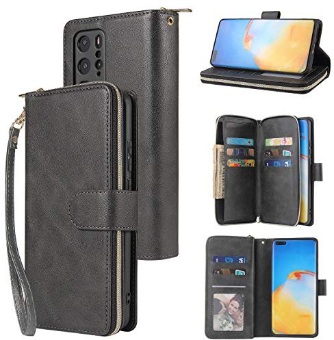 Uposao Kompatibel mit Samsung Galaxy A20S Handyhülle Retro Leder Schutzhülle Geldbörse Magnetverschluss Reißverschluss Filp Tasche Klapphülle Handytasche mit 9 Kartenfächer,Schwarz