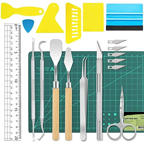 MMOBIEL Set strumenti di taglio in acciaio inossidabile tappetino A5 in vinile, comprende raschietti, coltello bisturi professionale, spatola spudger, righello, pinzetta e forbici, 19 pezzi