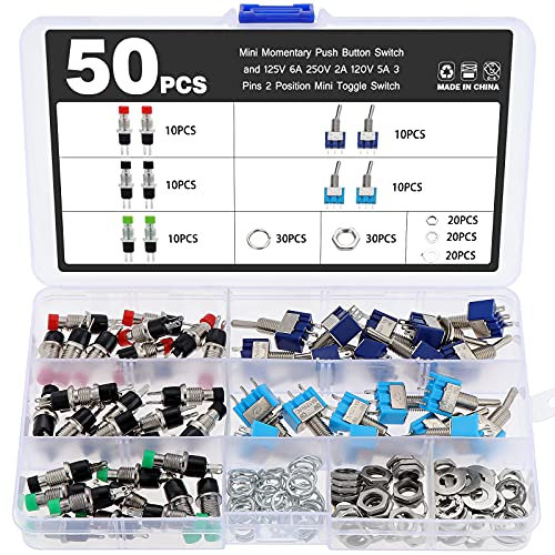 eROOSY 50 Mini-Kippschalter und Momentaner Druckknopfschalter - 30 2Pin Tastschalter und 20 3 Pin Wippschalter für DIY und Kleine Leistungselektronische Projekte