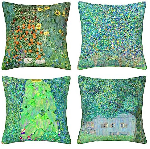 Gustav Klimt Kissenbezüge, 4 Stück, Motiv: Blume, Garten, quadratisch, dekorative Kissenbezüge für Sofa, Couch, 45 x 45 cm, Grün